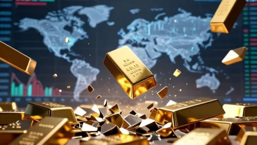 A dramatic image of gold bars falling or shattering, with a background of global financial market charts in chaos. The scene should convey a sense of a hidden force or a strategic game being played behind the market turmoil.