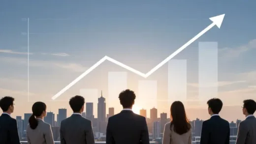 A stylized graph showing a downward trend for real estate assets and an upward trend for financial assets, with a subtle illustration of wealthy individuals looking towards a new horizon, set against a backdrop of a city skyline at dawn. The image should convey a sense of financial transition and foresight.