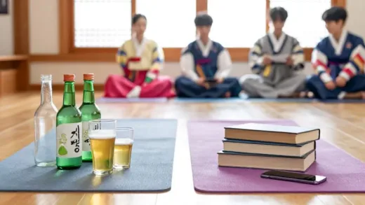 A symbolic image showing the decline of traditional Korean drinking culture: empty soju bottles and beer glasses on one side, contrasting with healthy lifestyle elements like yoga mats, books, and smartphones on the other side, with young people in the background choosing different activities.