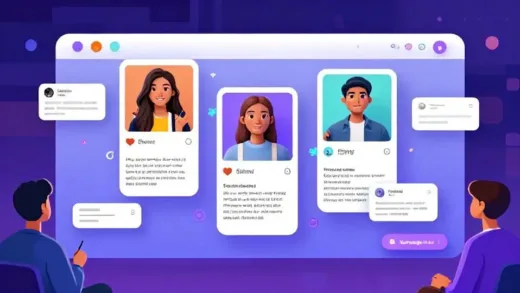 A futuristic social media interface showing multiple AI avatars posting content and interacting with each other, with human observers watching from the sidelines, digital art style, vibrant colors