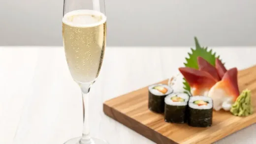 A sparkling wine glass with golden bubbles, next to a platter of fresh sushi and sashimi on a wooden board. The setting is bright and casual.