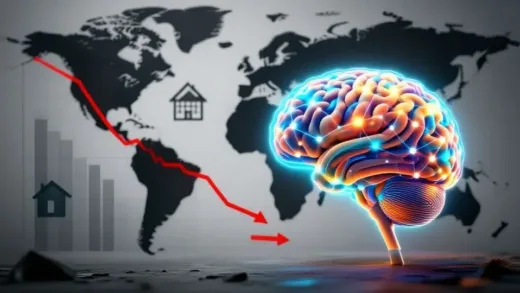 A visual representation of a global economic slowdown with graphs showing declining trends and symbols of high interest rates, real estate crisis, and war in the background. In contrast, a vibrant, glowing AI brain or network stands out, growing rapidly amidst the gloom.