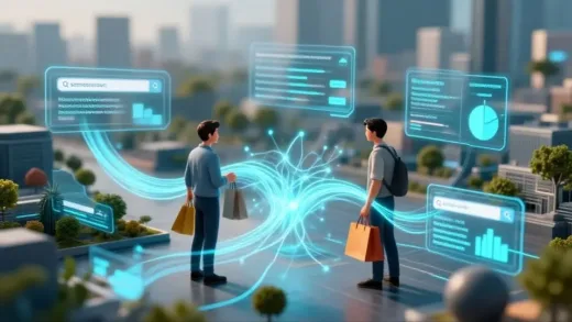 A futuristic digital landscape showing AI agents assisting with shopping and data analysis, with visualizations of search queries and e-commerce transactions flowing through neural networks