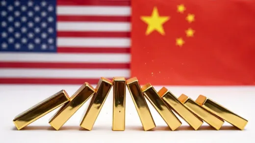 A dramatic visual showing golden bars crashing down like dominos with American and Chinese flags in the background, representing the strategic economic confrontation between the two superpowers. The image should convey tension and financial collapse symbolism.