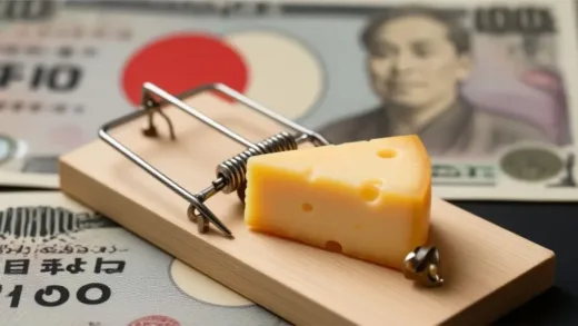 A piece of delicious-looking cheese with a hidden mousetrap underneath, symbolizing a tempting but dangerous offer. In the background, a subtle, blurred image of the Japanese flag or currency.