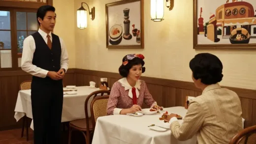 A retro-style Korean restaurant in the 1970s with white tablecloths, elegant waiters in formal attire, and a couple dressed in vintage fashion sitting at a table, evoking a sense of nostalgia and sophistication.
