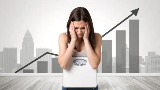 A person on a weighing scale looking frustrated after a failed diet, with a background showing a sharp upward graph of apartment prices in a city skyline.