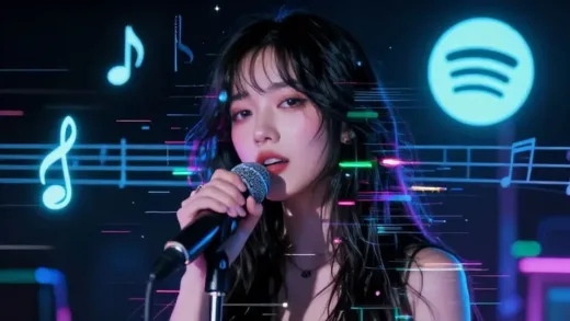 A captivating, enigmatic female singer with a microphone, surrounded by futuristic, slightly glitchy visual effects, set against a backdrop of glowing musical notes and a Spotify logo, with a subtle hint of AI characteristics in her eyes.