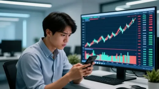 A person looking at a quiet stock chart on a smartphone with a worried expression, while the KOSPI index chart shows a significant rise in the background, set in a modern, slightly futuristic office environment.
