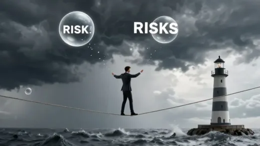 A person balancing on a tightrope over a turbulent stock market, with storm clouds representing risks (like a bursting bubble, geopolitical tensions) and a lighthouse representing solid investment strategies (like focusing on earnings and foreign investment flows) in the background.