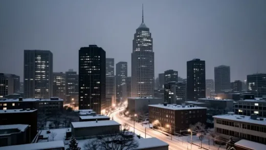 A dramatic image of a snow-covered, frozen city skyline at night, with only a few lights on, emphasizing widespread power outages in a developed nation during a severe winter storm.