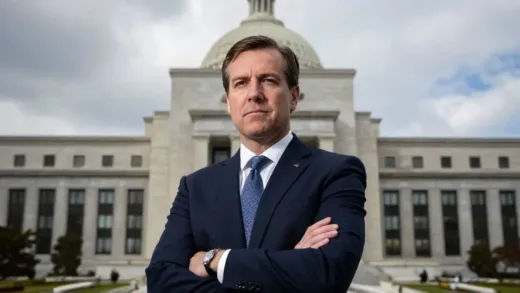A dramatic portrait of Kevin Warsh standing confidently with the US Capitol and Federal Reserve building in the background, symbolizing his nomination as Fed Chairman.
