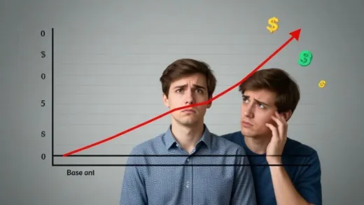 A puzzled person looking at a graph showing a flat line for the base interest rate and a sharply rising line for loan interest rates, with money symbols floating around. The background should subtly suggest a financial market.
