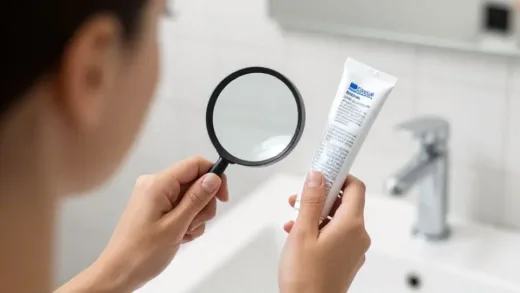 A person carefully reading the ingredients list on a toothpaste tube with a magnifying glass, focusing on the fluoride content and avoiding harsh chemicals. The background shows a clean, minimalist bathroom.