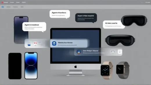 A stylized image of the Xcode interface with AI assistance suggestions popping up, representing agent coding. The background shows various Apple devices (iPhone, Mac, Apple Watch, Apple Vision Pro) with app icons. Futuristic, clean, and tech-savvy.