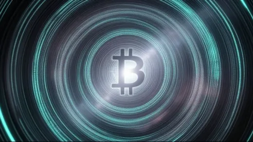 Abstract image representing the intersection of quantum computing, cryptocurrency, and the cosmos, with swirling digital patterns and faint nebulae.