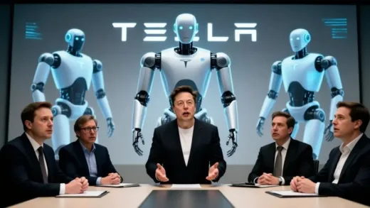 A dramatic boardroom scene at Tesla headquarters showing Elon Musk announcing the shift from car manufacturing to humanoid robot production, with holographic projections of Optimus robots in the background, executives looking both concerned and excited