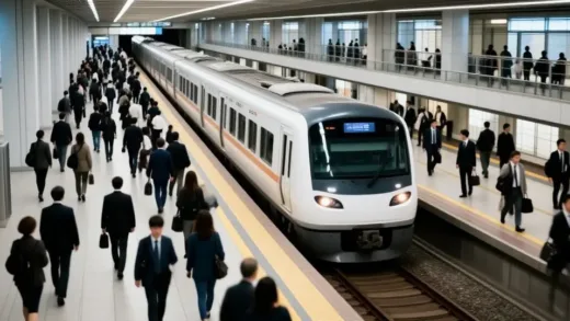 A bustling, futuristic train station in Tokyo, with sleek trains arriving precisely on time, surrounded by a diverse crowd of commuters looking efficient and calm amidst the controlled chaos. Emphasize the harmony of movement.