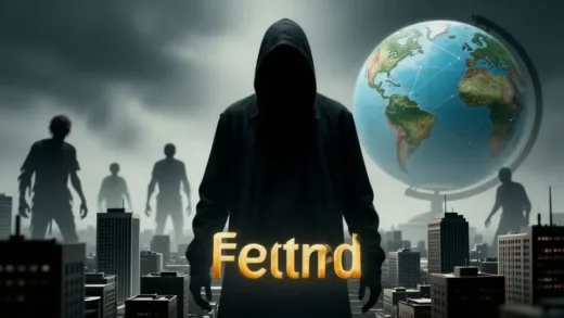 A dark, shadowy figure representing fentanyl looming over a city, with subtle zombie-like silhouettes in the background, a globe showing connections between countries, dramatic lighting, modern, realistic style, high detail.