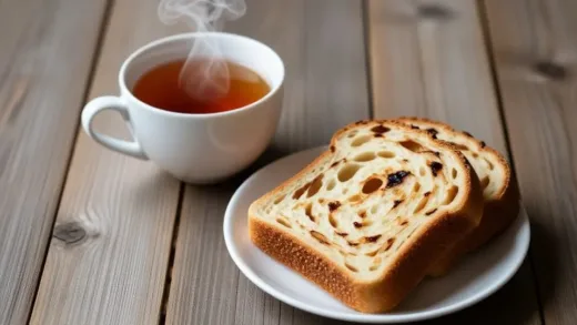 A cozy setting with a steaming cup of tea and a slice of delicious-looking bread on a rustic wooden table, soft natural light, inviting atmosphere, close-up, high detail.