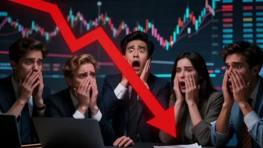 A dramatic image depicting a plummeting Bitcoin chart, surrounded by alarmed investors with expressions of fear and panic. The background shows a chaotic financial market with red arrows pointing downwards.