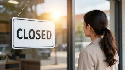 A thoughtful small business owner looking at a closed sign on their shop window, with a glowing, hopeful path leading towards a bright future. The image should convey both the sadness of closure and the hope for a new beginning with government support. Warm, inviting colors, focus on transition and new opportunities.