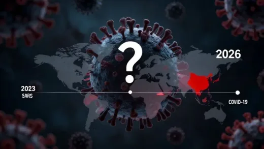 A dramatic illustration showing a timeline of major pandemics from 2003 SARS to 2020 COVID-19 with a question mark over 2026, with a dark ominous virus particle in the background and a world map highlighting India in red alert.