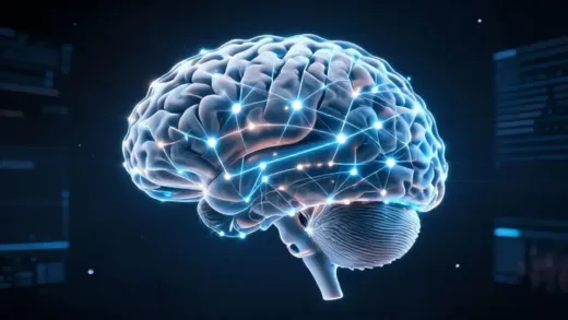 A captivating image showing Earth and a stylized human brain interconnected by luminous scientific data lines, hinting at vast mysteries and discoveries. In the background, subtle elements of space and digital interfaces merge.