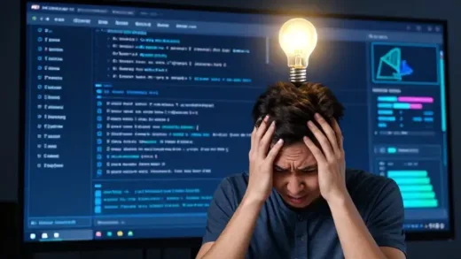 A person looking frustrated in front of a computer screen with multiple identical prompt inputs, then suddenly a light bulb appears above their head, symbolizing a new solution. The screen shows a futuristic AI interface. Digital art, vibrant colors, clear focus.