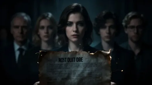A dark, mysterious document with flickering light, revealing blurred faces of influential people in the background, symbolizing hidden truths and global conspiracy. The setting is ominous and serious.