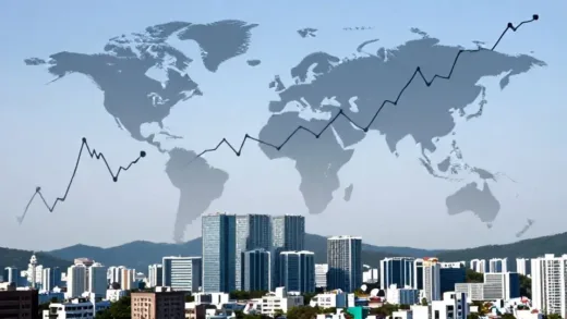 A dramatic graph showing natural gas prices sharply rising and falling, contrasted with a serene cityscape of Seoul, South Korea. The global market is depicted as turbulent, while Korea appears calm and stable. The graph shows a dramatic, volatile line, while the city is bright and calm, symbolizing stability.