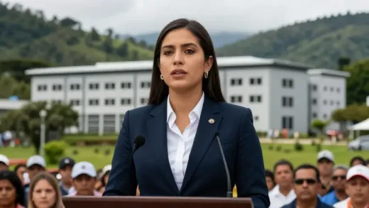 A captivating image of a young, confident female president (Laura Fernandez-like) addressing a crowd, with subtle hints of a large, modern prison in the background, set in a lush Central American landscape, symbolizing strong leadership and a tough stance on crime.