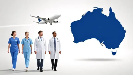 A dynamic image depicting young, skilled professionals (nurses, engineers, doctors) walking towards an airplane or a map of Australia, leaving behind a silhouette of New Zealand. The mood should convey a sense of opportunity and economic migration, with wage statistics subtly integrated.