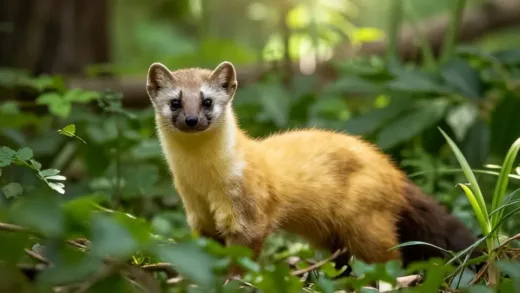 A golden-yellow marten, a fierce predator, standing alert in a lush green Korean forest. It has keen eyes and a sleek body, blending into the dense foliage. The sunbeams filter through the trees.