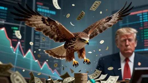 A dramatic illustration of a hawk soaring over a chaotic financial market, with currency symbols falling and graphs plummeting. The hawk represents Kevin Warsh and tight monetary policy. In the background, a stern-faced Donald Trump is subtly visible.