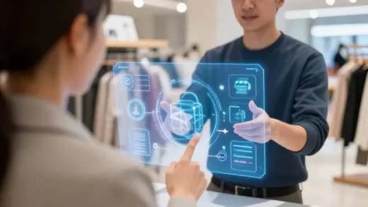 A futuristic shopping scene where a person interacts with an AI assistant for purchasing, with holographic product displays and seamless transactions in the background. Emphasize the ease and automation.