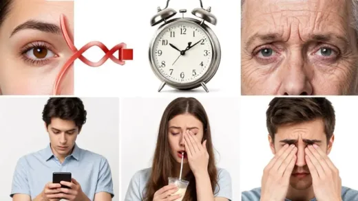 Four distinct visual representations of the causes of under-eye sagging: a genetic helix for structural issues, an old clock or wrinkles for aging, a person looking at a smartphone or eating salty food for lifestyle, and a person rubbing itchy eyes for allergies.