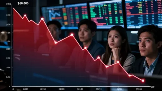A dramatic financial graph showing Bitcoin price crashing from a high peak to below $60,000, with worried investors looking at stock market screens in the background, cinematic lighting, realistic detail, high contrast.