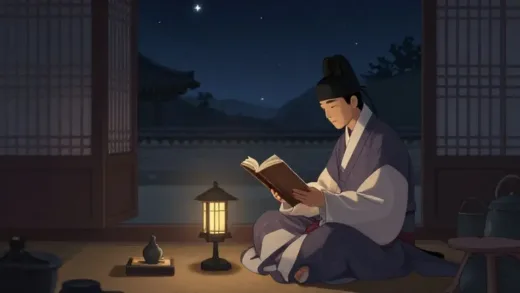 A serene pre-dawn scene in Joseon Dynasty Korea. A scholar quietly reads by lamplight, with the faint glow of the North Star visible through a window. The atmosphere is calm yet hints at underlying depth and history. Historical illustration style.
