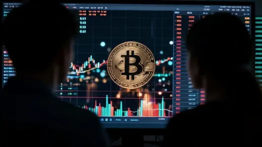 A dark, intense scene where city lights reflect on a cryptocurrency chart, with shadowy figures in the foreground. The atmosphere is suspenseful and reflects themes of greed and hidden dangers.