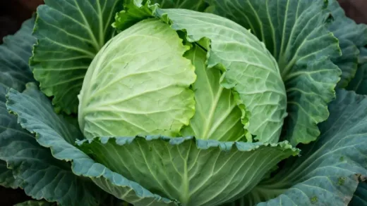 A vibrant, healthy cabbage with a subtle, ominous glow or cracks, representing its dual nature. Soft, natural lighting.