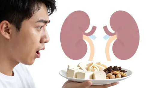 A person looking shocked at a plate of tofu and other ingredients, with a subtle illustration of kidneys in the background, conveying a health warning in a friendly but urgent tone. Clear, bright lighting, realistic style.