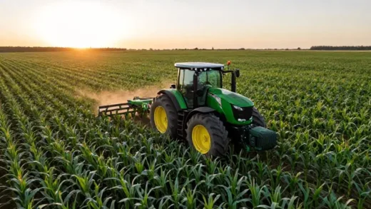 A vast corn field in the American Midwest with a large green autonomous tractor driving through it, no human in the driver's seat, futuristic agricultural technology, sunrise lighting, photorealistic, 8K resolution