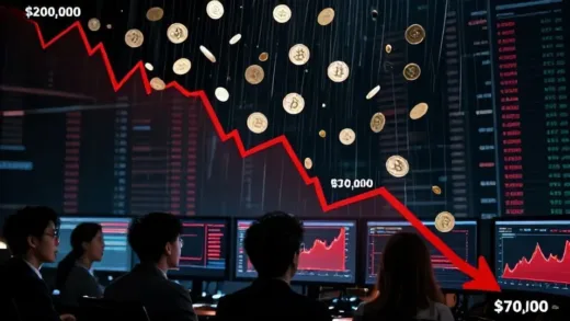 A dramatic visual representation of Bitcoin price crashing from $200,000 to $70,000, with coins falling like rain against a dark financial market background, showing shocked investors watching screens with red charts