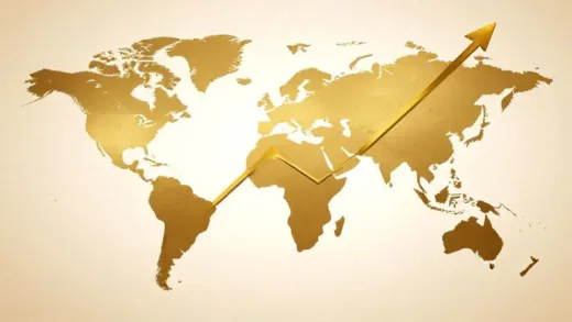 A golden bar reflecting a world map, symbolizing global economic shifts and gold's rising importance amidst a financial crisis.