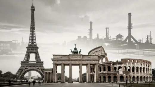 A composite image showing faded grandeur of European landmarks (Eiffel Tower, Colosseum, Brandenburg Gate) against a backdrop of industrial decline, empty factories, and aging population silhouettes, conveying a sense of economic stagnation and crisis.