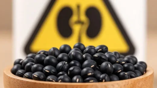 A close-up of black soybeans in a wooden bowl with a warning sign in the background, symbolizing the dual nature of this food as both beneficial and potentially harmful for kidney health.