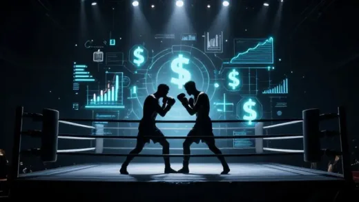 A dramatic boxing match in a dark arena with two shadowy figures fighting in the ring, while beneath the ring glowing financial charts, dollar signs, and bond graphs create an intricate network of invisible warfare, cinematic lighting, symbolic representation of hidden economic battles