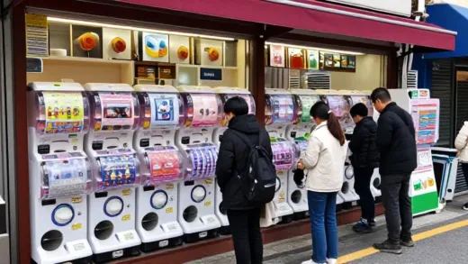 A vibrant image of a bustling street in South Korea, with multiple gacha machines clearly visible in shop windows, people excitedly interacting with them, and perhaps some character merchandise.