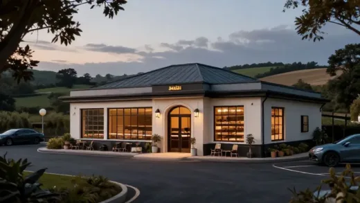 A luxurious, oversized bakery cafe building set amidst a rural landscape, with a few cars in the parking lot, looking mysteriously grand.